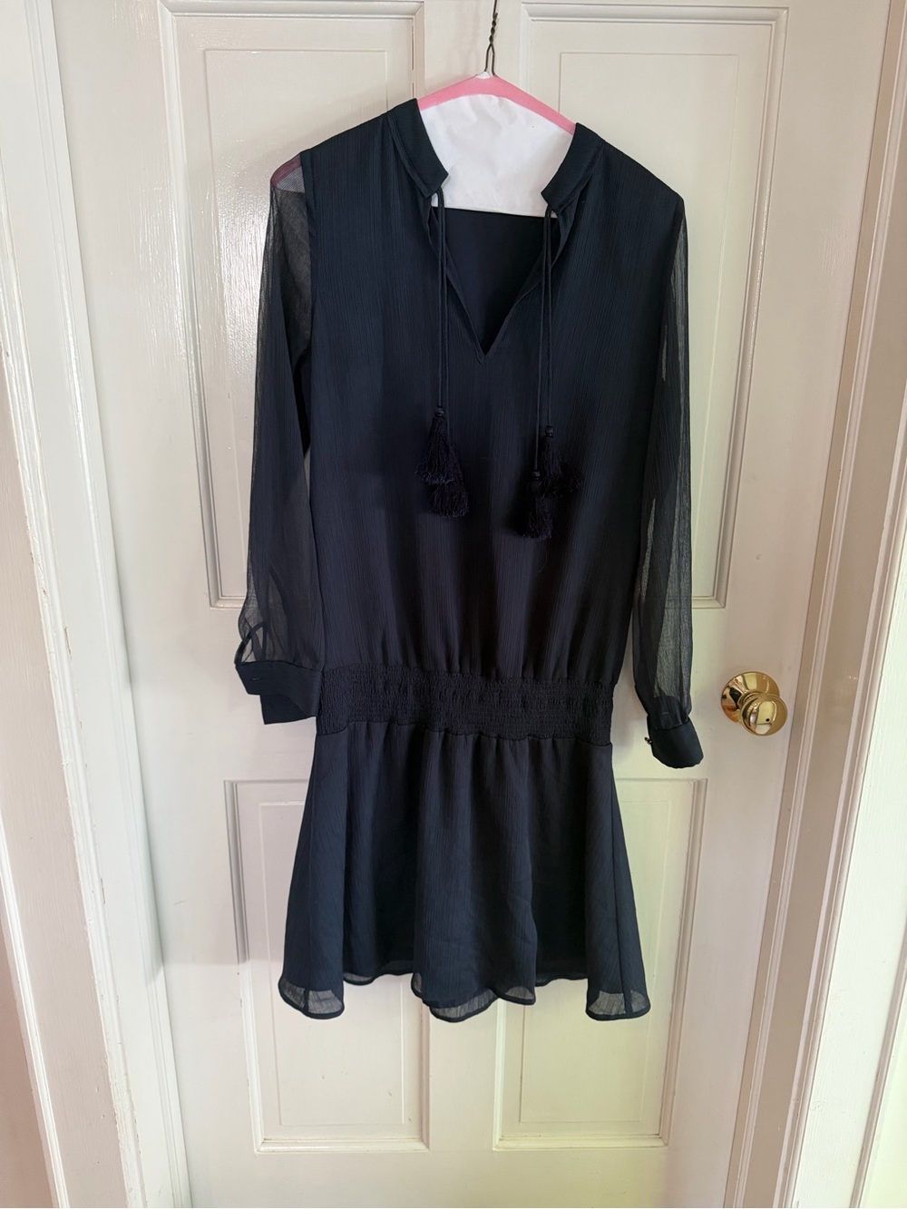 Marie Oliver Norah Navy Dress Sheer Sleeves Pleated Tassel Neck
